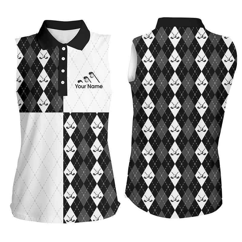 Golf addicted Womens sleeveless polo shirt custom black and white golf ball clubs argyle plaid pattern NQS5439