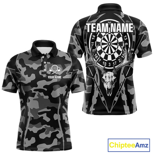 Deer Skull Darts Board Gray Camo Darts Polo, Quarter zip Shirts For Men Custom Team Darts Jersey NQS9934