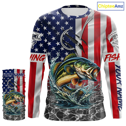 American Flag Bass Fish hook Custom long sleeve performance Fishing Shirts, Bass Fishing jerseys NQS5690