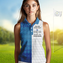 Load image into Gallery viewer, Blue white Womens Sleeveless polo shirt custom I was one under today one under a tree, a bush &amp; water NQS10090