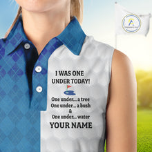 Load image into Gallery viewer, Blue white Womens Sleeveless polo shirt custom I was one under today one under a tree, a bush &amp; water NQS10090