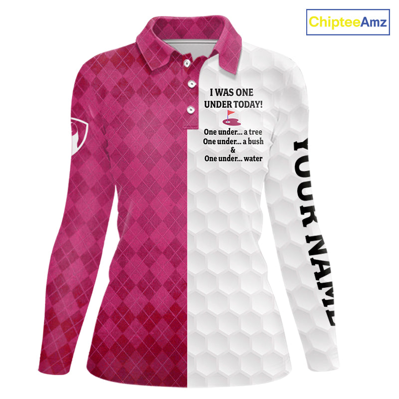 Pink argyle white Women golf polo shirt custom I was one under today one under a tree, a bush & water NQS10091