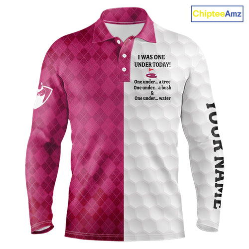 Pink argyle white Men golf polo shirt custom I was one under today one under a tree, a bush and water NQS10091