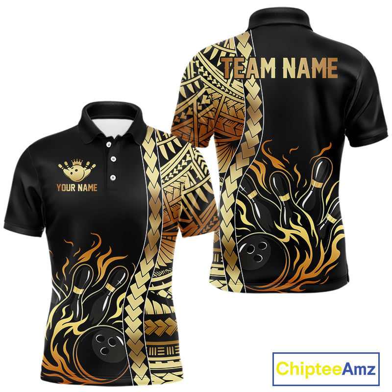 Custom Black And Gold Flame tribal pattern Bowling Team Polo, 1/4 Zip Shirts For Men, Bowling Jerseys NQS10093