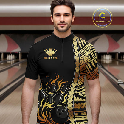 Custom Black And Gold Flame tribal pattern Bowling Team Polo, 1/4 Zip Shirts For Men, Bowling Jerseys NQS10093
