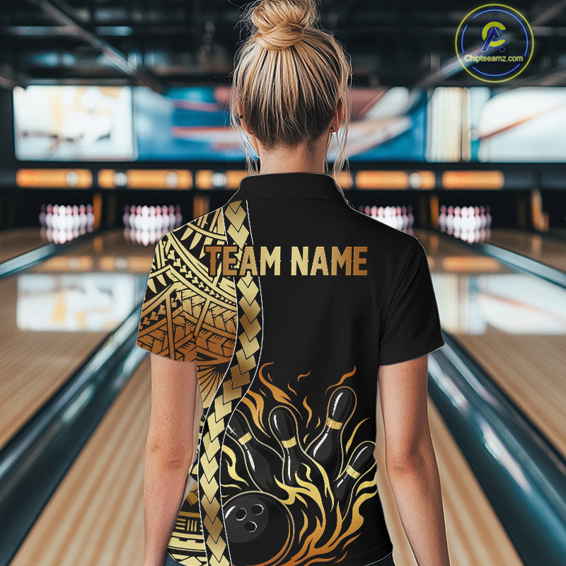 Custom Black And Gold Flame tribal pattern Bowling Team Polo, 1/4 Zip Shirt For Women, Bowling Jersey NQS10093