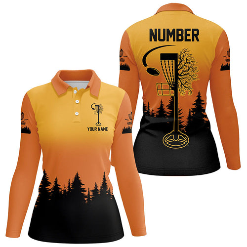 Black & orange Women Disc golf polo shirt custom number disc golf jerseys, team disc golf attire NQS8215