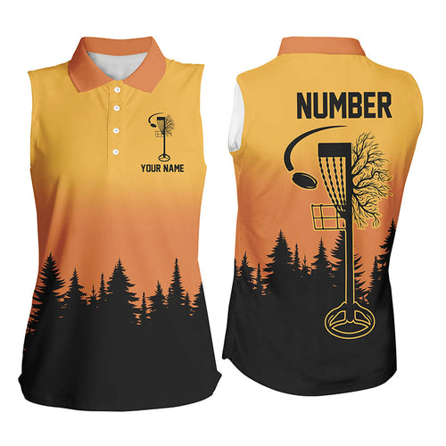 Black & orange Women sleeveless polo shirts custom number disc golf jerseys, team disc golf attire NQS8215
