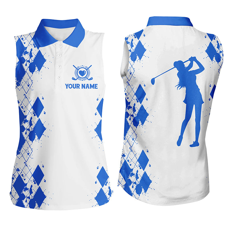 Womens sleeveless polo shirt custom name white golf shirt, golfing gifts | Blue NQS4507