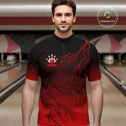 Black and Red gradient Lightning thunder storm Bowling shirts for Men Custom Bowling Team Jerseys NQS9353