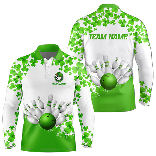 Green and White Shamrock pattern Bowling Shirts For Men Custom St Patrick Day Bowling Team Jerseys NQS9496