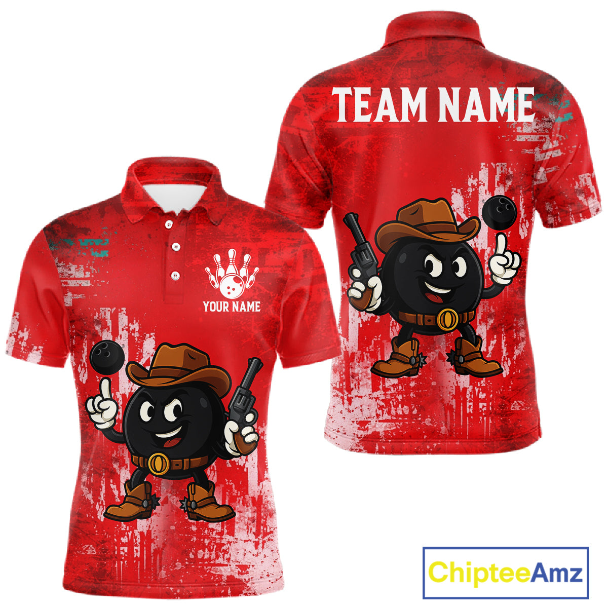 Custom Funny Cowboy Gunster Bowling Polo, 1/4 zip Shirts For Men, Bowling Team League Jerseys | Red NQS11625