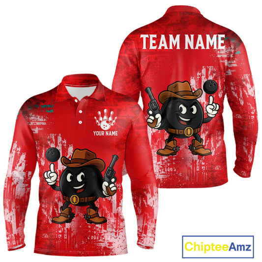Custom Funny Cowboy Gunster Bowling Polo, 1/4 zip Shirts For Men, Bowling Team League Jerseys | Red NQS11625