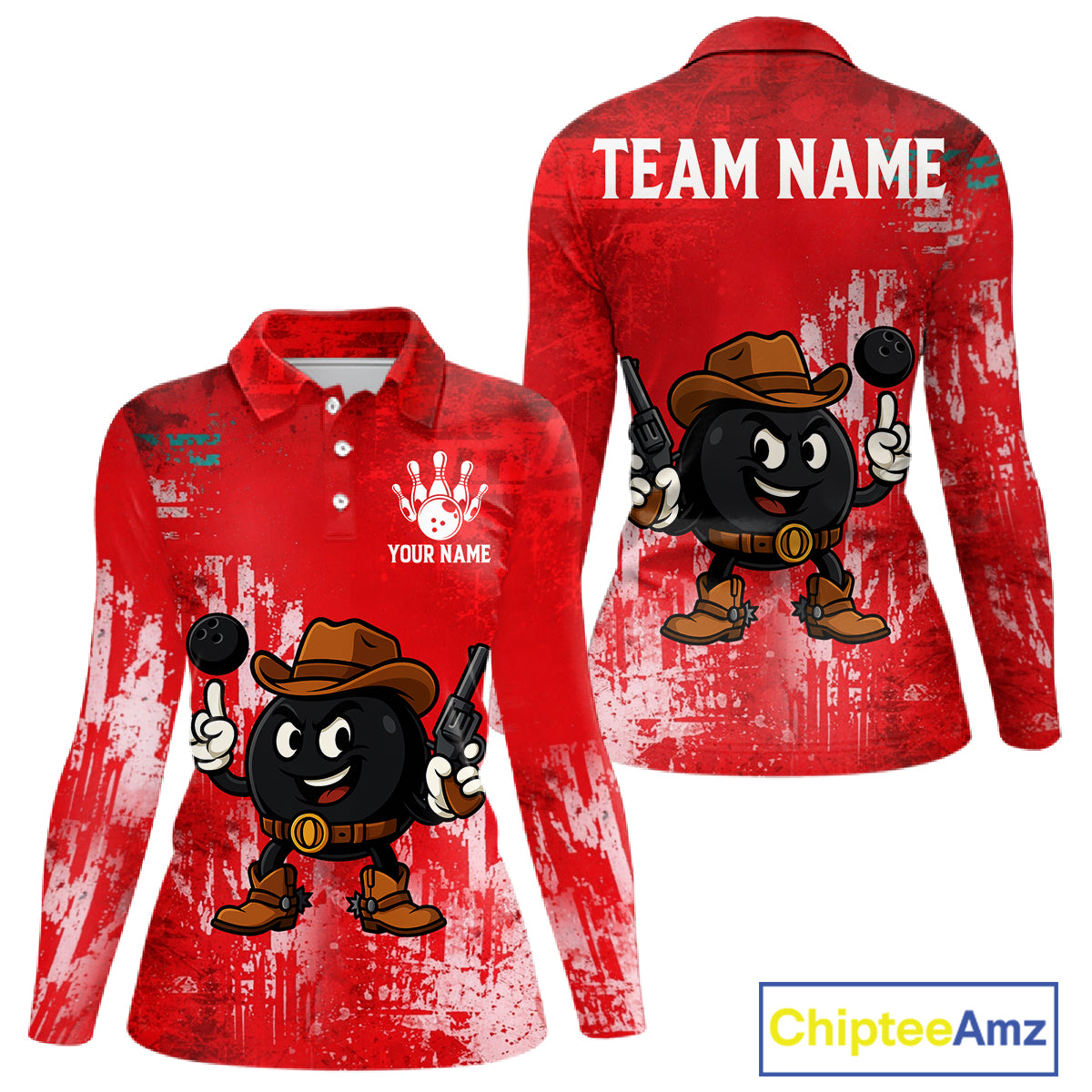 Custom Funny Cowboy Gunster Bowling Polo, 1/4 zip Shirts For Women, Bowling Team League Jerseys | Red NQS11625