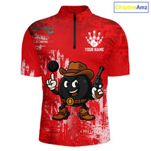 Load image into Gallery viewer, Custom Funny Cowboy Gunster Bowling Polo, 1/4 zip Shirts For Men, Bowling Team League Jerseys | Red NQS11625