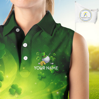 Green clover pattern St Patrick's Day Ladies Sleeveless Golf Polo Shirts Custom Shamrock Golf outfit NQS11628