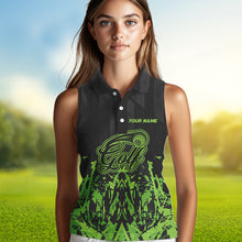 Load image into Gallery viewer, Black and Green Camo Sleeveless Golf polo shirt custom team golf outfit ladies, personalized golf gift NQS9664