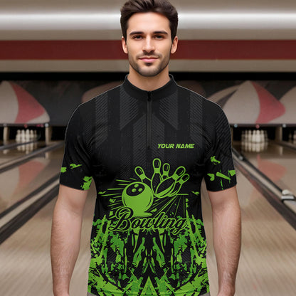 Black and Green Camo Bowling Team Shirts For Men Custom Bowling Uniform Polo, Quarter Zip Shirts NQS9665