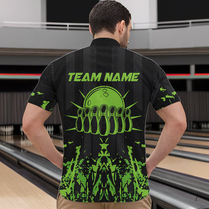 Black and Green Camo Bowling Team Shirts For Men Custom Bowling Uniform Polo, Quarter Zip Shirts NQS9665