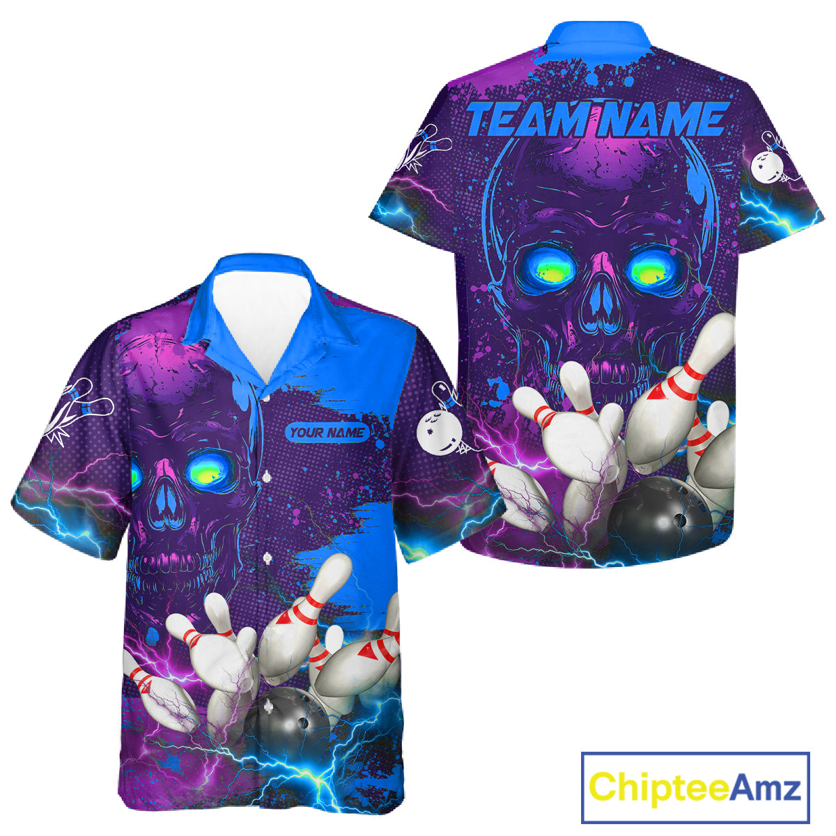 Purple and Blue Lightning Thunder Storm Skull Bowling Button-up Shirt Custom Bowling Team Jerseys NQS11729