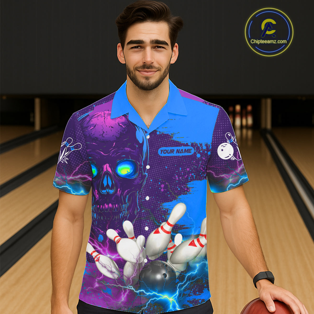 Purple and Blue Lightning Thunder Storm Skull Bowling Button-up Shirt Custom Bowling Team Jerseys NQS11729