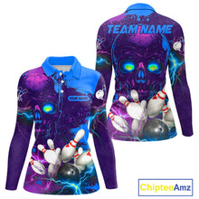 Load image into Gallery viewer, Purple and Blue Lightning Thunder Storm Skull Bowling Shirts For Women Custom Bowling Team Jerseys NQS11729