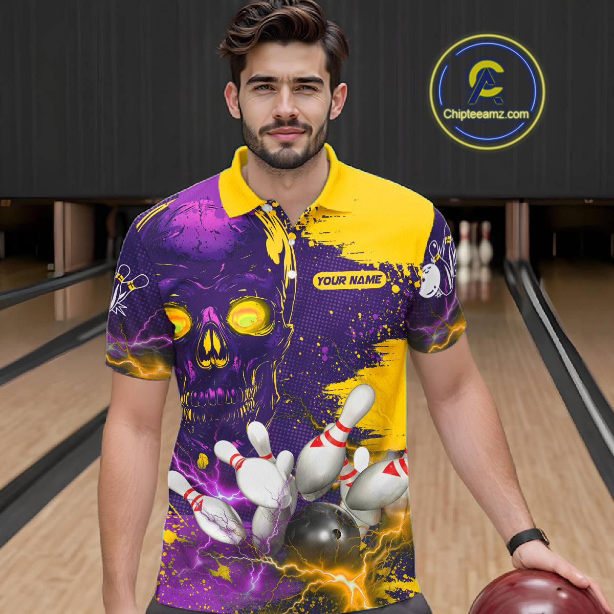 Purple and Yellow Lightning Thunder Storm Skull Bowling Shirts For Men Custom Bowling Team Jerseys NQS11730