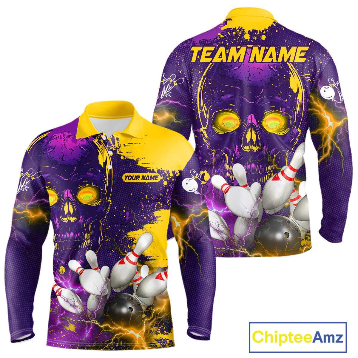 Purple and Yellow Lightning Thunder Storm Skull Bowling Shirts For Men Custom Bowling Team Jerseys NQS11730