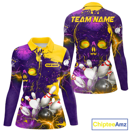 Purple and Yellow Lightning Thunder Storm Skull Bowling Shirts For Women Custom Bowling Team Jerseys NQS11730