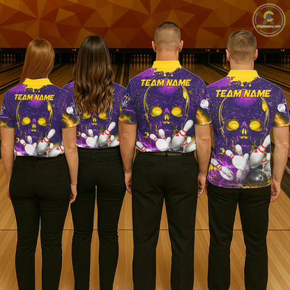 Purple and Yellow Lightning Thunder Storm Skull Bowling Shirts For Women Custom Bowling Team Jerseys NQS11730