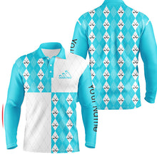 Load image into Gallery viewer, Golf addicted Mens golf polo shirts custom Cyan blue and white golf ball clubs argyle plaid pattern NQS7447