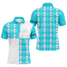 Load image into Gallery viewer, Golf addicted Mens golf polo shirts custom Cyan blue and white golf ball clubs argyle plaid pattern NQS7447