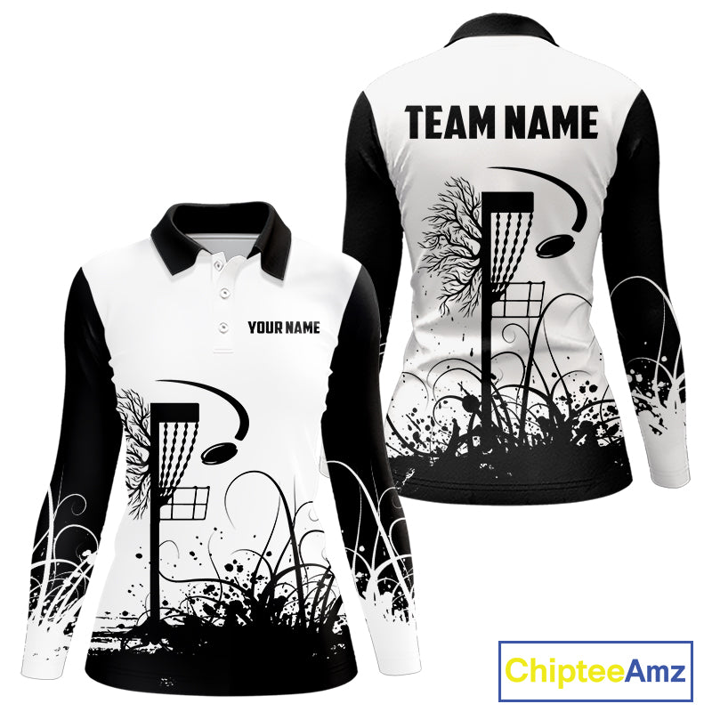 Black and White Disc Golf basket Disc golf polo shirts for women Custom team disc golf outfit NQS9946