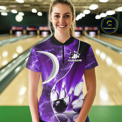 Purple Light pattern Bowling Polo, Quarter Zip shirts for Women Custom Bowling Team League Jerseys NQS9948