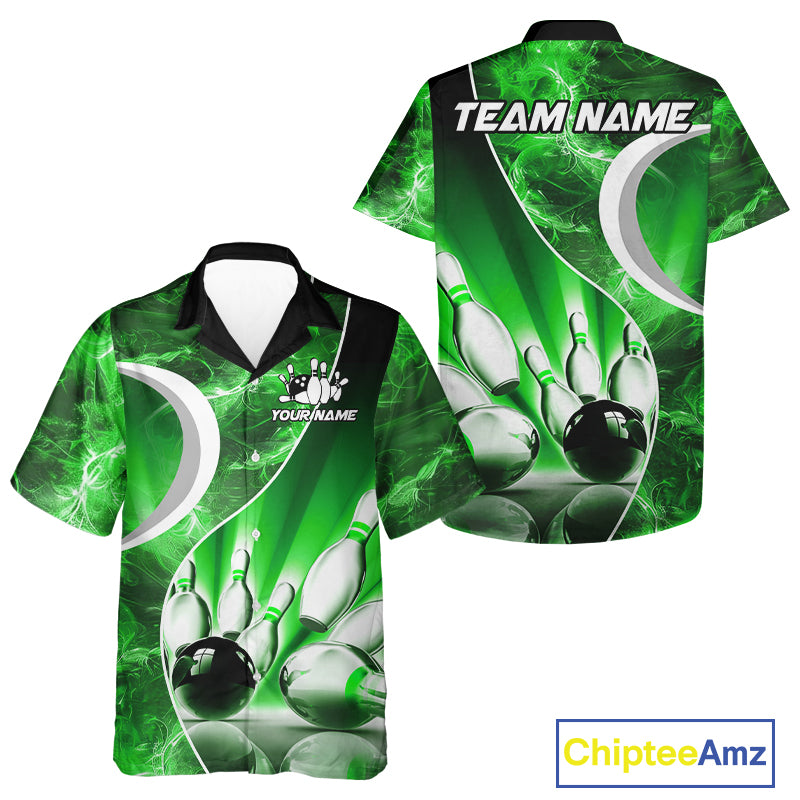 Green Light pattern Bowling Hawaiian shirt Custom Bowling Team Button up shirt NQS9949
