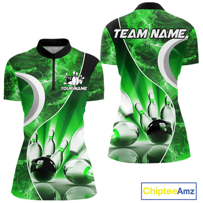 Green Light pattern Bowling Polo, Quarter Zip shirts for Women Custom Bowling Team League Jerseys NQS9949
