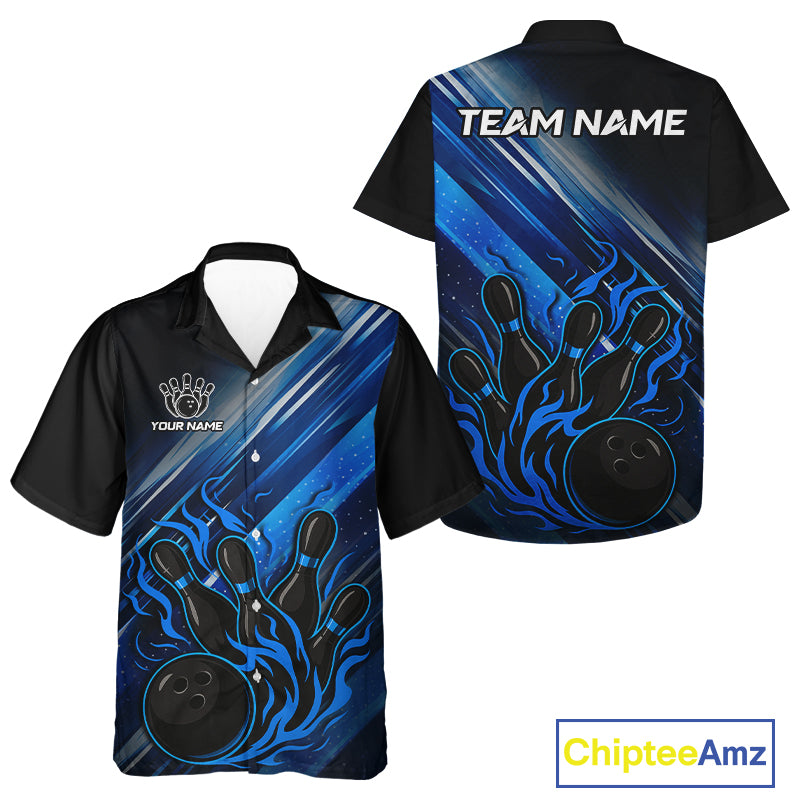 Black and Blue Flame Bowling Hawaiian Shirt Custom Team Bowling Button Up Shirt NQS10099