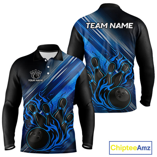 Black and Blue Flame Bowling Polo, Quarter Zip Shirt For Men Custom Team Mens Bowling Jerseys NQS10099