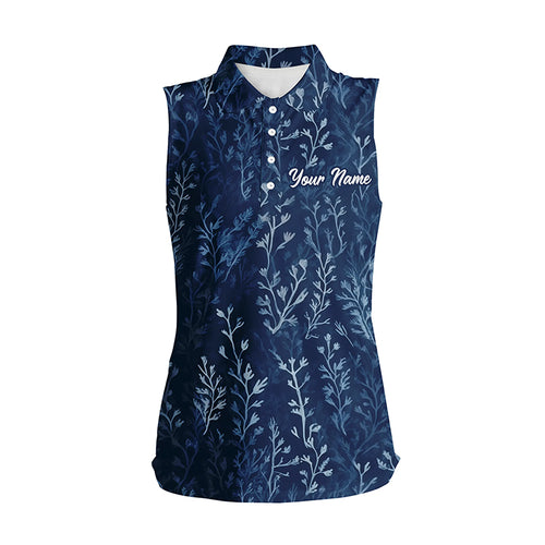 Women sleeveless polo shirts with navy floral pattern custom name golf shirts, golfing gifts NQS5923