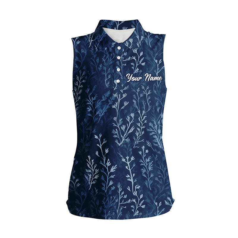 Women sleeveless polo shirts with navy floral pattern custom name golf shirts, golfing gifts NQS5923