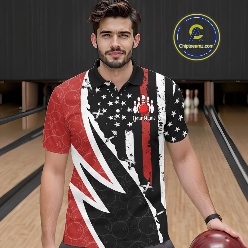 Red, White and Black American Flag Bowling Shirts for Men Custom Patriotic Team Bowling Jersey NQS10429