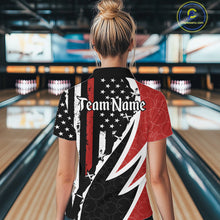 Load image into Gallery viewer, Red, White and Black American Flag Bowling Shirts for Women Custom Patriotic Team Bowling Jersey NQS10429