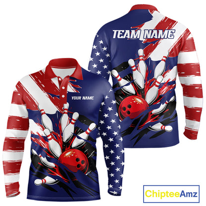 Red, White and Blue American flag Bowling Shirts for Men Custom Patriotic Bowling Team Outfit Uniform NQS10431