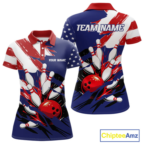 Red, White and Blue American flag Bowling Shirts for Women Custom Patriotic Bowling Team Outfit NQS10431