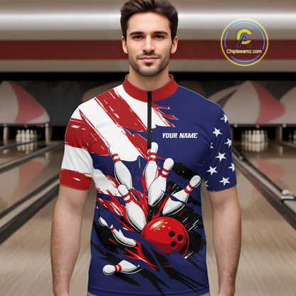 Red, White and Blue American flag Bowling Shirts for Men Custom Patriotic Bowling Team Outfit Uniform NQS10431