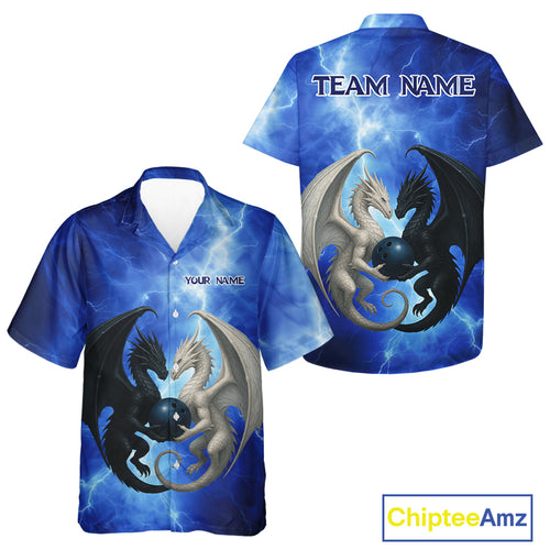 Black & White Dragon Blue Lightning Thunder Custom Bowling Hawaiian Shirt, Dragon Bowling Team Shirt NQS10627