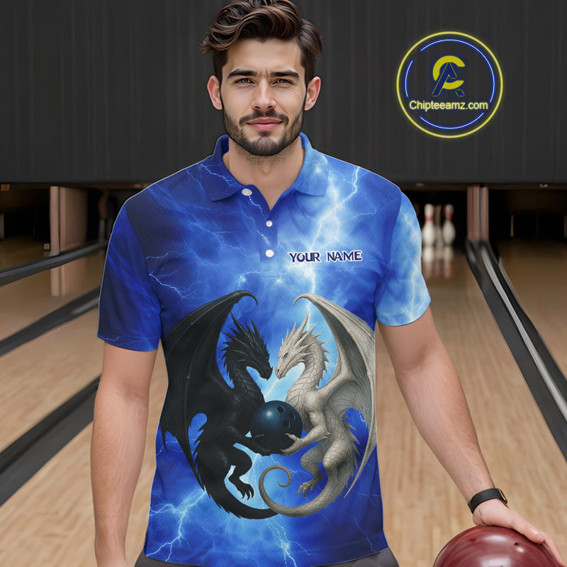 Black And White Dragon Blue Lightning Thunder Custom Bowling Shirt For Men, Dragon Bowling Team Shirt NQS10627