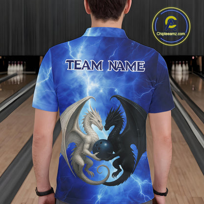 Black And White Dragon Blue Lightning Thunder Custom Bowling Shirt For Men, Dragon Bowling Team Shirt NQS10627