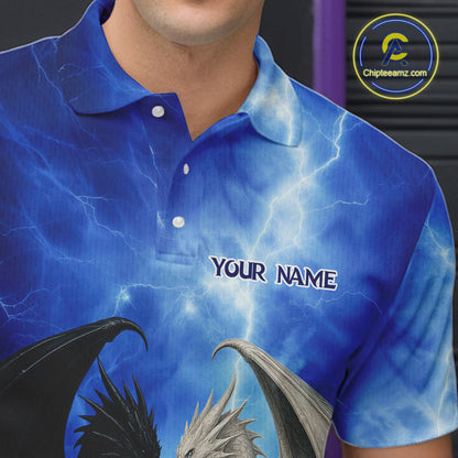 Black And White Dragon Blue Lightning Thunder Custom Bowling Shirt For Men, Dragon Bowling Team Shirt NQS10627