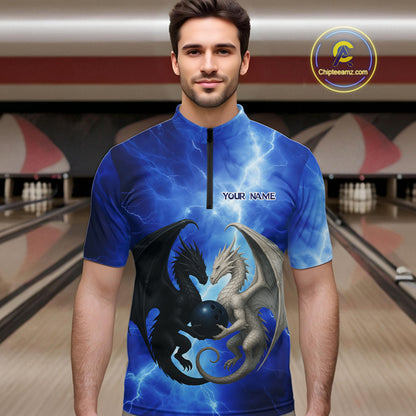 Black And White Dragon Blue Lightning Thunder Custom Bowling Shirt For Men, Dragon Bowling Team Shirt NQS10627